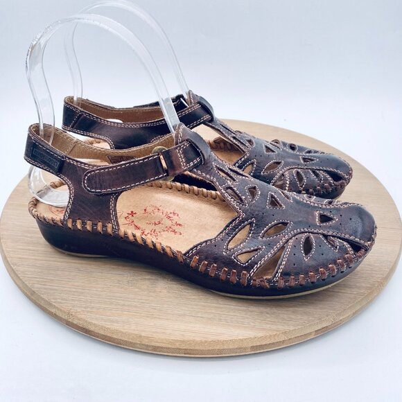 Pikolinos Sandals Womens 5.5 36 Brown Leather Ankle Strap Perforated Flats - Picture 1 of 12